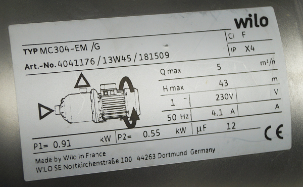 Wilo selbstsaugende Pumpe MC 304 EM / G Fluidcontrol Hauswasserwerk